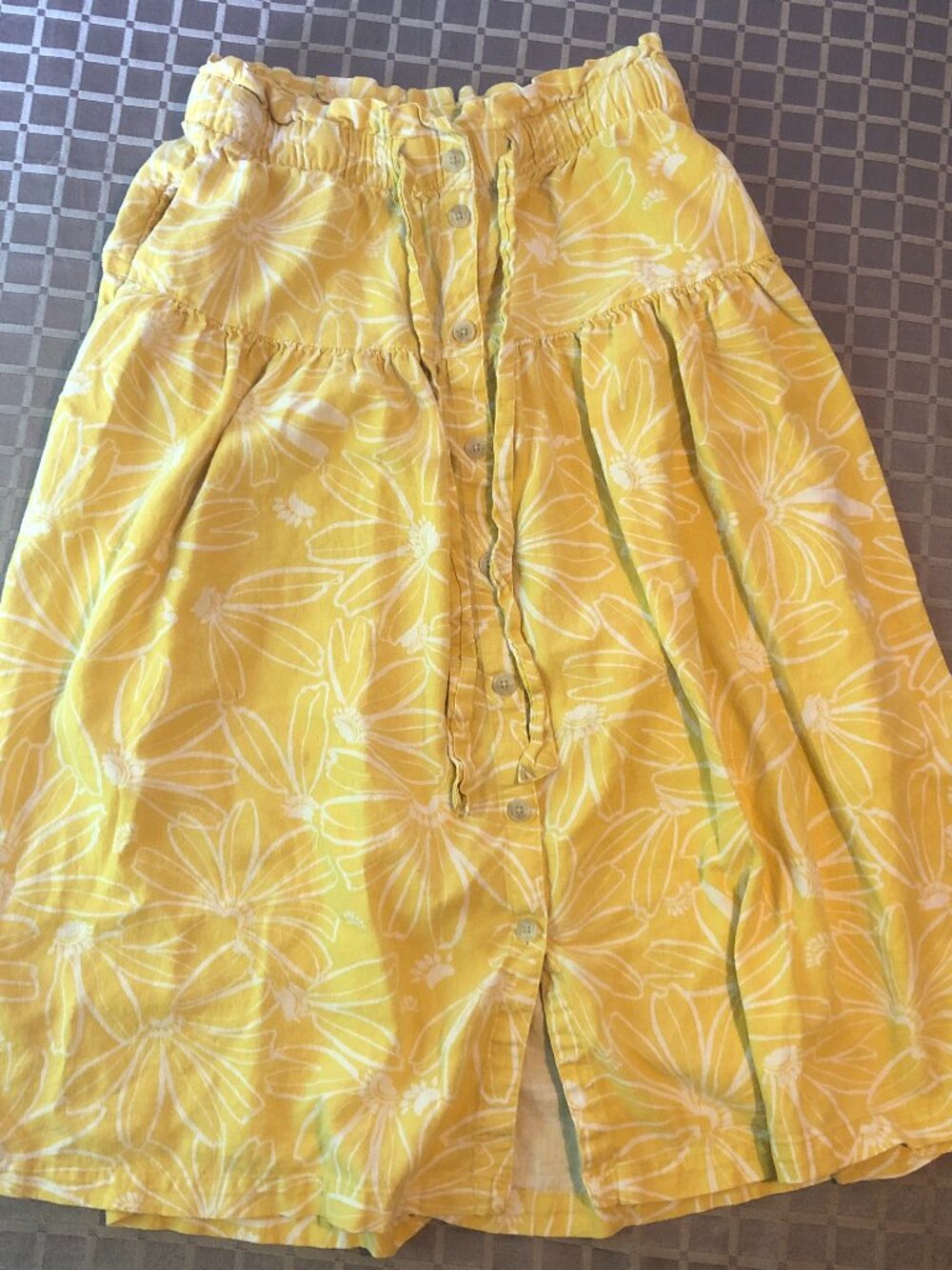 Yellow Linen Blend Floral Cottagecore Boho Midi Skirt Size M